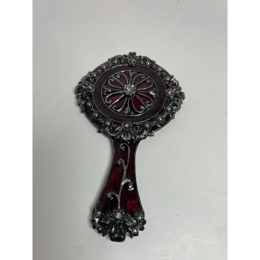 Hand Mirror w/  Coronet Bows Wreath Red Enamel Metal Heavy 5.5